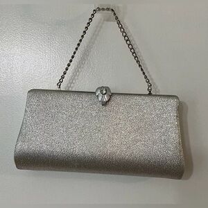 Vintage Silver Clutch Purse Leaf Clasp Hidden Chain MCM Metallic Textured Fabric